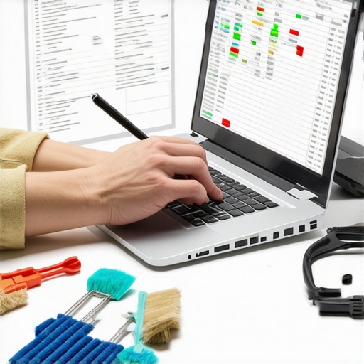 Laptop maintenance tools in action during a creator's workflow. A person cleaning and checking their creator laptop with diagnostic tools and brushes, ensuring optimal performance.