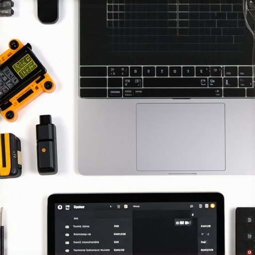 Maintaining a Creative Laptop for Peak Performance A workspace showing a creator performing maintenance on their high-performance laptop with calibration tools and diagnostic software