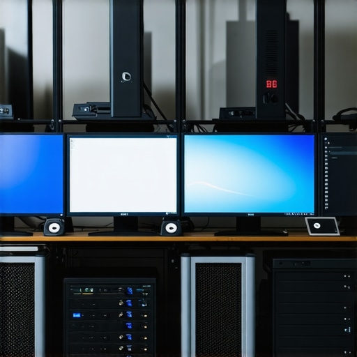 A professional 3D artist's multiple workstations with technical equipment.