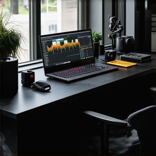 A sleek studio workspace with a powerful laptop, external SSD, and cooling system for creators.