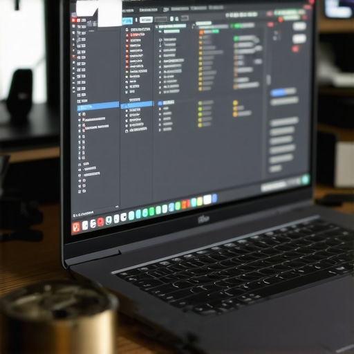 Optimized Creator Workspace with Monitoring Tools A professional creator's desk showing a laptop with hardware monitoring software open, illustrating maintenance practices.