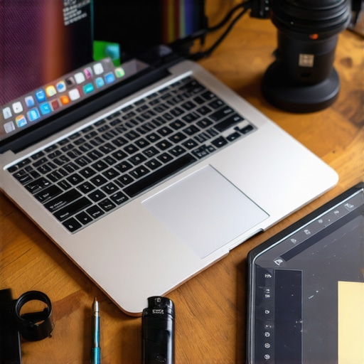 A professional creator's workspace featuring a powerful laptop, audio equipment, and digital drawing tools.