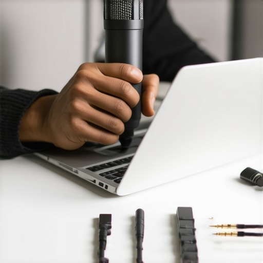 Person adjusting microphone settings on a creator laptop with audio cables connected