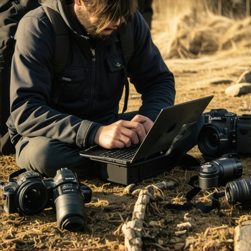Portable outdoor editing setup A rugged laptop set up outdoors for field editing in natural light.