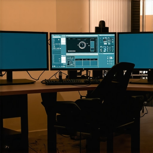 Modern custom desktop workstation with multiple monitors used for 3D modeling and rendering.