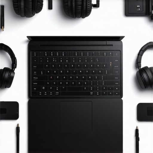 A sleek laptop surrounded by audio equipment in a studio environment