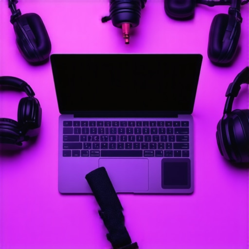 Laptop connected to audio interface with headphones for podcast recording