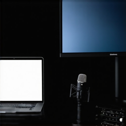 A creative workspace featuring a budget-friendly laptop connected to a microphone and audio interface, ready for podcasting.