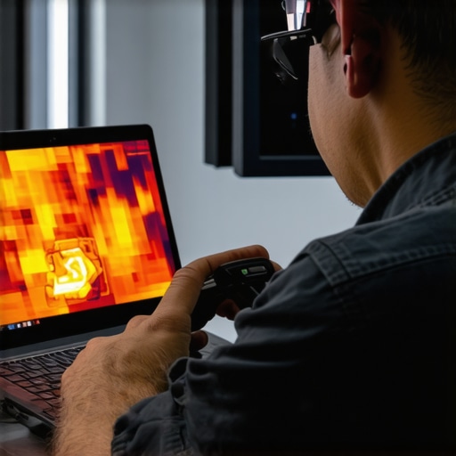 Thermal diagnostics of a creator laptop Technician inspecting a professional editing laptop with thermal imaging for maintenance.