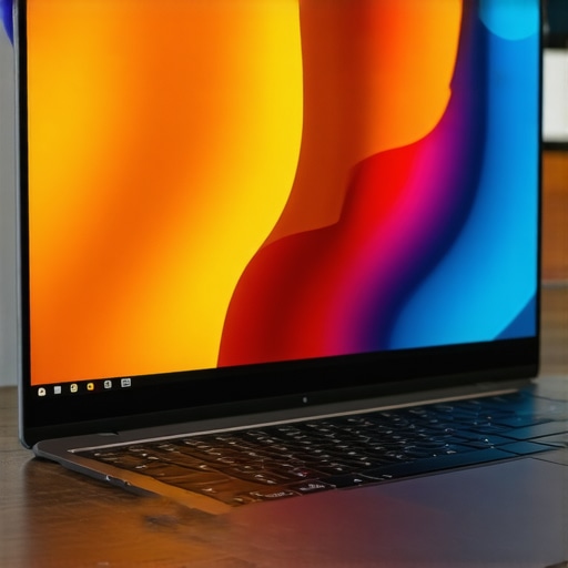 A creator laptop with a bright, color-accurate 4K screen showing vibrant visuals