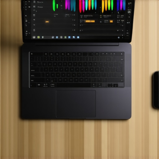 A professional-grade business laptop displaying a 4K video editing interface with color circles and timeline.