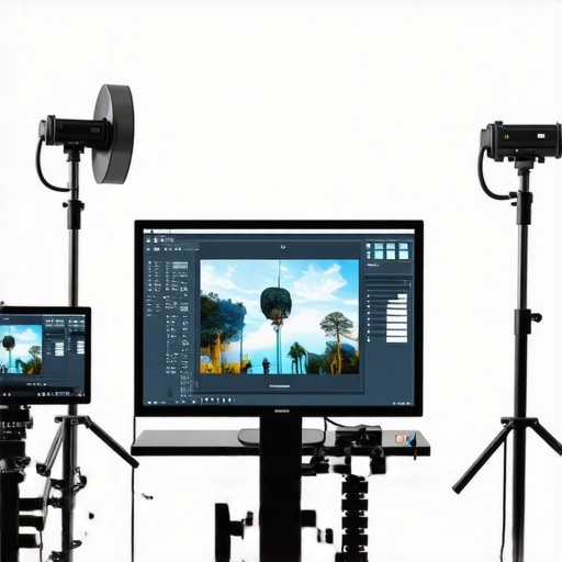 A workspace showing calibration tools next to a computer monitor in a controlled lighting environment