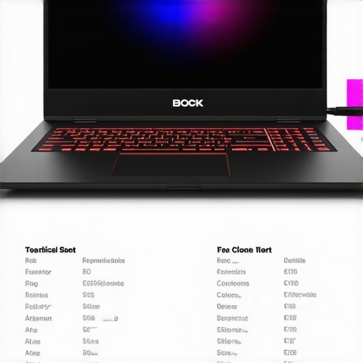 A gaming laptop with specifications chart highlighting GPU, RAM, and CPU.