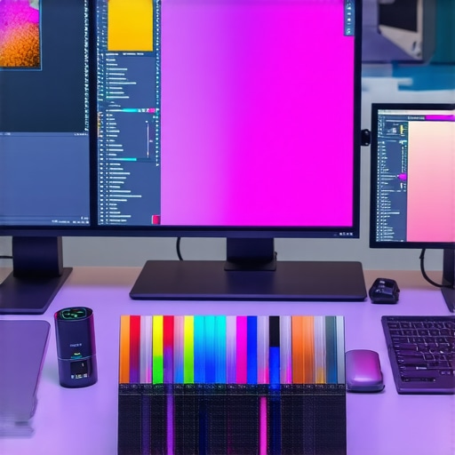 Color Calibration and High-Resolution Screens in Creator Laptops A designer's workspace showing a high-end laptop with color calibration tools and vibrant screens