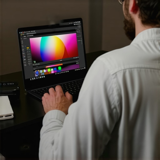 A designer working at a desk using a high-end laptop with color calibration monitor nearby.