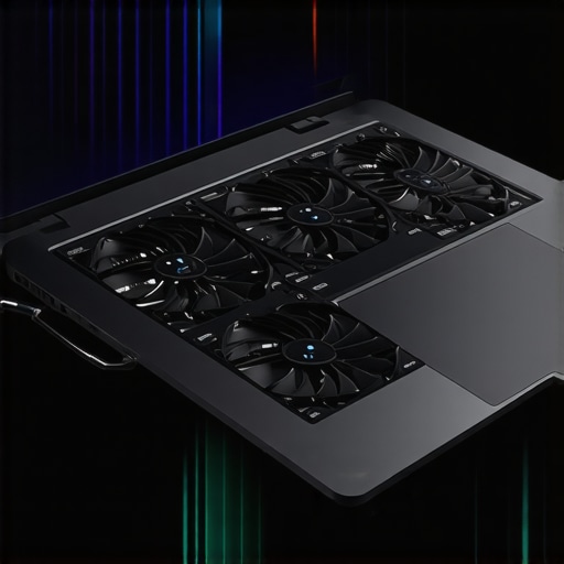 Efficient Cooling Setup for Creators A cooling pad with multiple fans cooling a modern editing laptop during intense editing sessions.