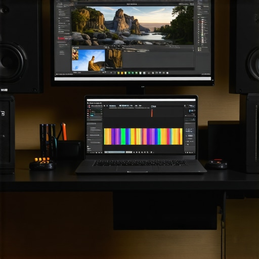 A creative workspace showing a laptop, dual monitors with color grading software, and external drives, illustrating affordable editing workflow.