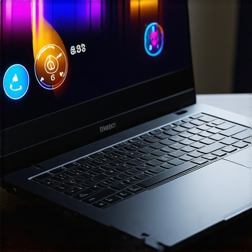 Laptop on cooling pad with airflow and temperature monitor indicating optimal cooling
