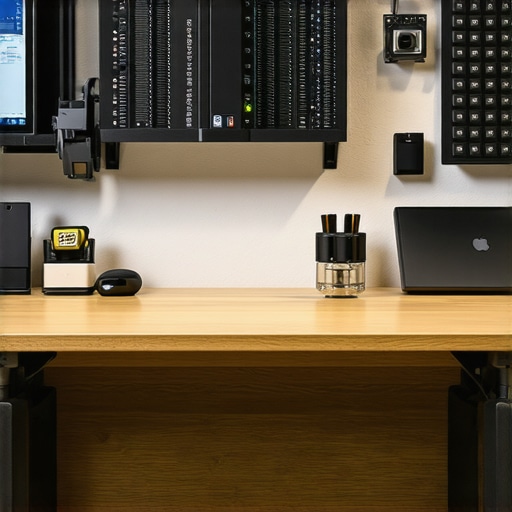 Essential Maintenance Tools for Creators A workspace with monitoring hardware and neatly arranged tech gear