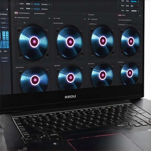 Modern creator laptop with cooling fans active and streaming setup visible.