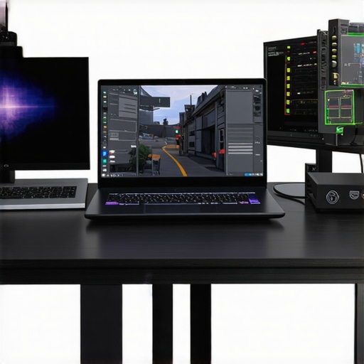 A sleek gaming and streaming laptop connected to external hardware and high-speed internet equipment.