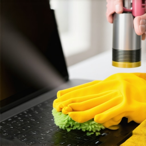 Laptop Maintenance Routine Individual cleaning their laptop using compressed air and microfiber cloth, highlighting maintenance tools for creators.