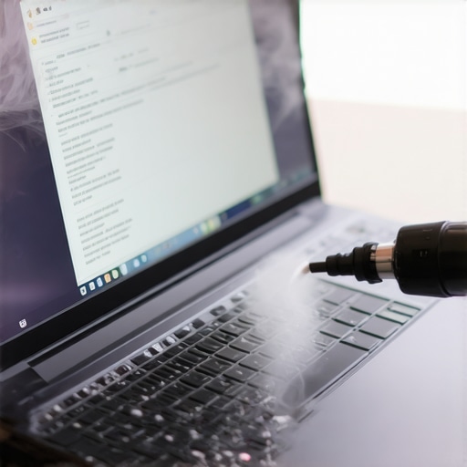Laptop Maintenance Tools and Software in Use A technician cleaning a laptop with compressed air while system monitoring software displays temperatures