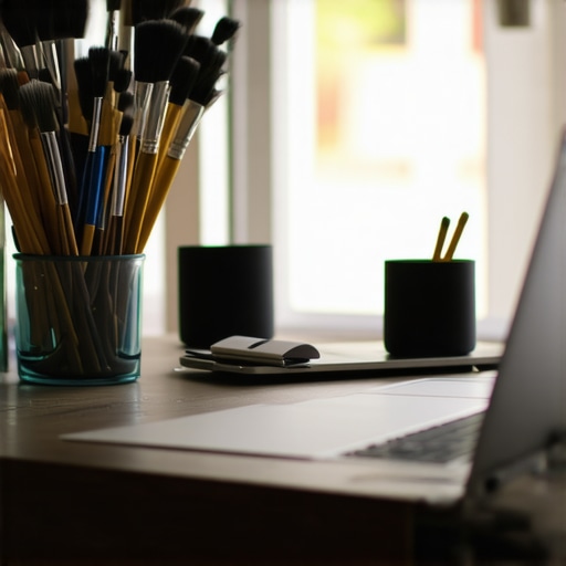 Laptop Maintenance Tools for Creators Calibration and cleaning tools on a creator's workspace