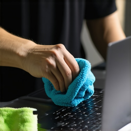 Laptop Maintenance Tools in Action Person using microfiber cloth and compressed air cans to clean a creator laptop, highlighting maintenance tools.