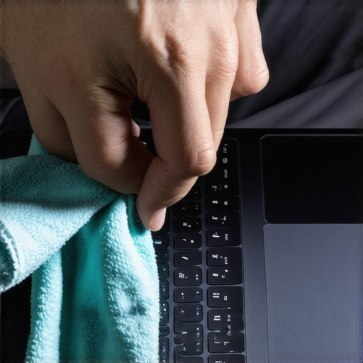 Laptop Maintenance for Creators Person cleaning a laptop with compressed air and cloth to prevent overheating and dust buildup.