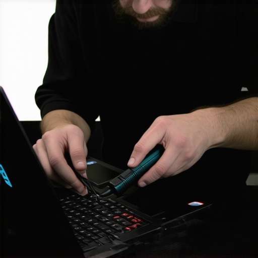 Laptop Maintenance in Action A technician cleaning and maintaining a creator laptop with anti-static tools and compressed air during routine maintenance.