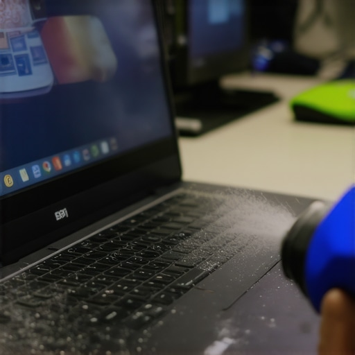 Maintaining Creative Equipment for Longevity Person cleaning laptop vents with compressed air, dust clouds visible, emphasizing maintenance for professional creators.