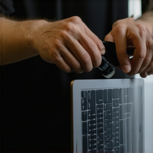Maintaining a Creator Laptop for Longevity Person cleaning their high-performance laptop with compressed air for optimal performance.