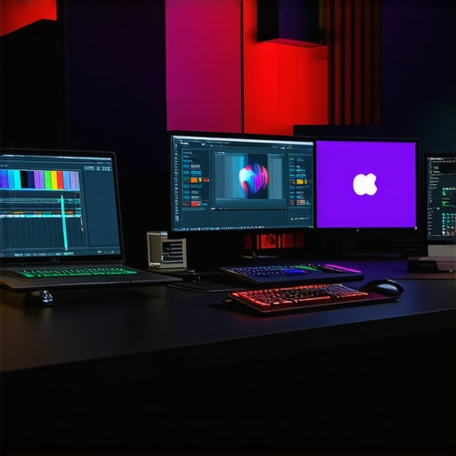 Optimized Creator Workspace for Peak Performance A modern creator workspace with multiple dedicated laptops and monitoring tools ensuring maintenance and productivity.