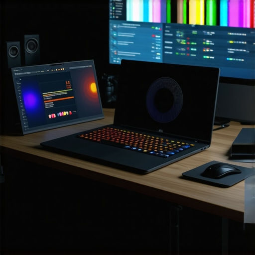Optimized Creator Workspace for Seamless Content Production A creator's desk featuring laptop, external SSD, cooling pad, and monitoring software for performance maintenance.