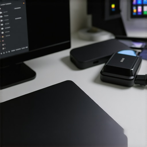 Optimized Creator Workstation Setup A desktop workspace with external SSD, monitoring software on screen, and cleaning tools for maintenance.