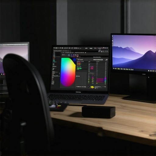 Optimized Creator Workstation for Content Production A creator's workspace with calibrated laptop screens and streaming gear