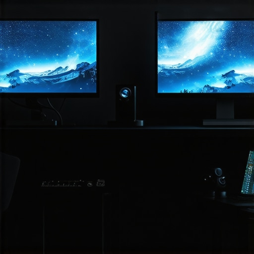 A creator connecting dual monitors to a laptop using a docking station and quality cables, ensuring stable power and connectivity.