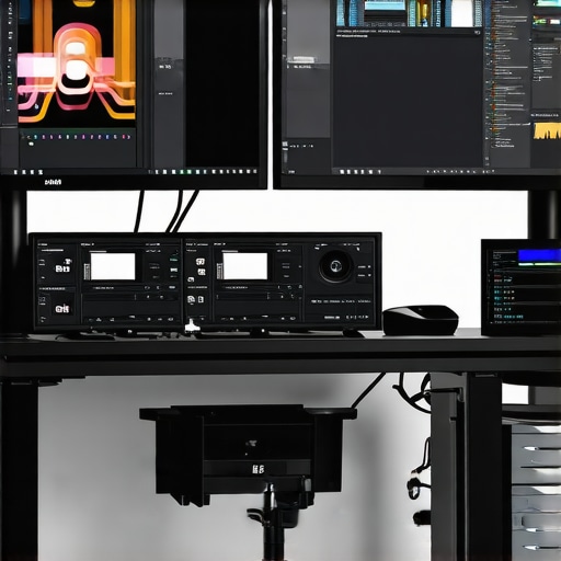 Optimized Editing Workspace for Smooth 4K Playback A professional editing workspace showing dual monitors, SSD drives, and software interface for media editing.