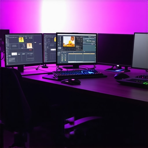 An organized workspace with multiple laptops dedicated to editing, streaming, and podcasting in a professional content creation environment.