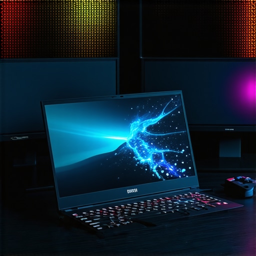A creator's laptop with dual monitors and professional streaming equipment