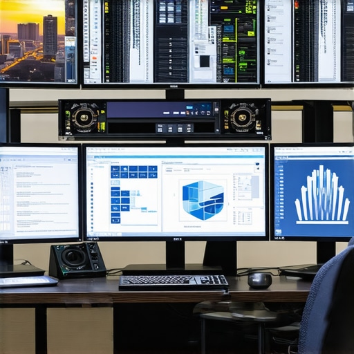 A modern workstation with dual high-resolution monitors, a powerful desktop computer, and ergonomic accessories.