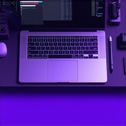 Optimized creative workspace with maintenance tools A creator's desk with a high-performance laptop, cooling pad, and system monitoring screen.
