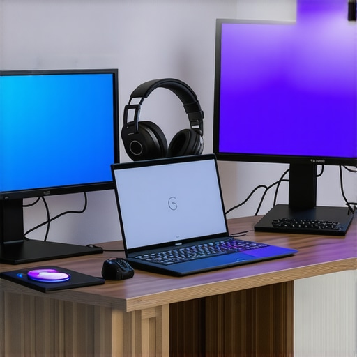 Student workspace showing a laptop with external monitors, headphones, and accessories for editing and streaming.