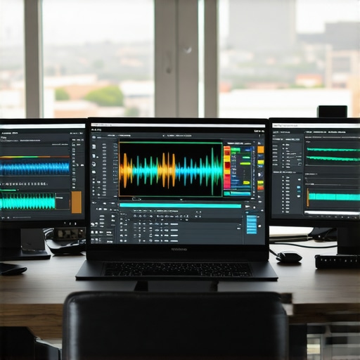 Powerful Creator Laptop for Fast Exports A modern creator laptop with dual monitors showing editing software processing a video