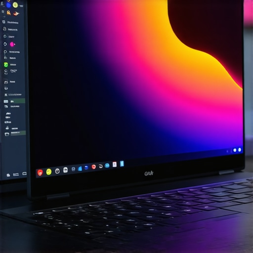Powerful Video Editing Laptop Setup A modern high-performance laptop with a vivid display, running professional video editing software in a studio environment