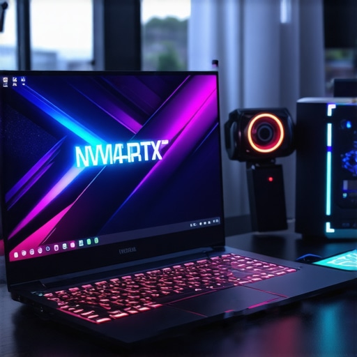 Premium Creator Laptop with High VRAM A modern laptop designed for creators with a high-performance GPU and ample VRAM, positioned on a desk with creative tools.