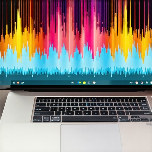 Close-up image of a creator laptop displaying colorful audio waveforms in a studio setting