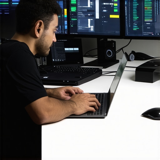 Pro Content Creator Workspace A creator multimedia workstation with a laptop, dual monitors, audio interface, and studio microphone.