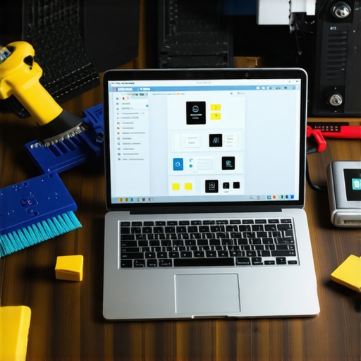 Pro Creator Laptop Maintenance Setup A creator's workspace with a laptop undergoing maintenance and cooling accessories.